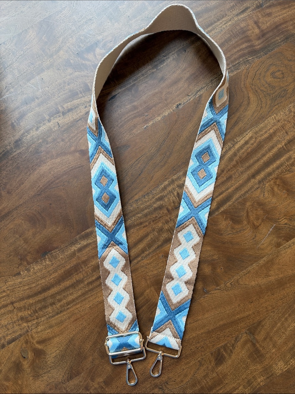 Boho Aztec Pattern Embroidered Adjustable Bag Strap in Blue & Tan Length 52”